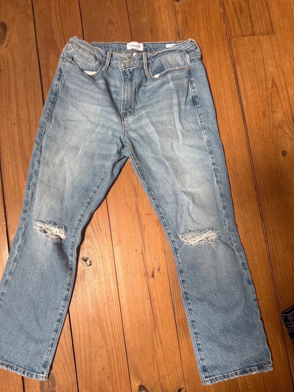 FRAME Le High Straight Jeans Size 30 Light Wash Distressed Knee Rips